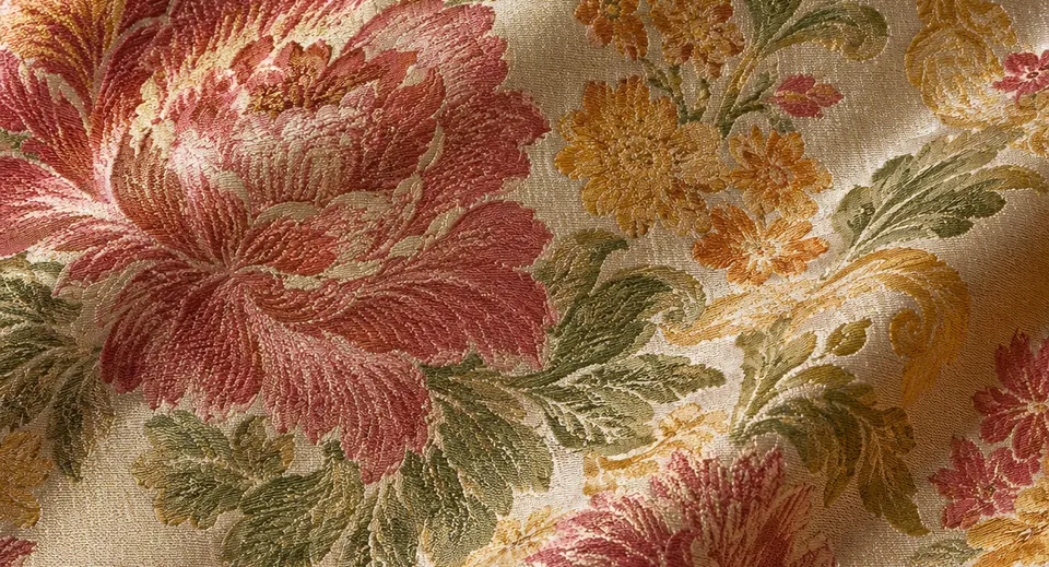 Espolín de seda con flores en rosa, azafrán y verde suave