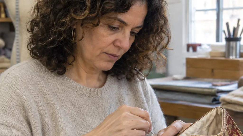 Amparo, indumentarista del taller, cosiendo a mano un corpiño de espolín